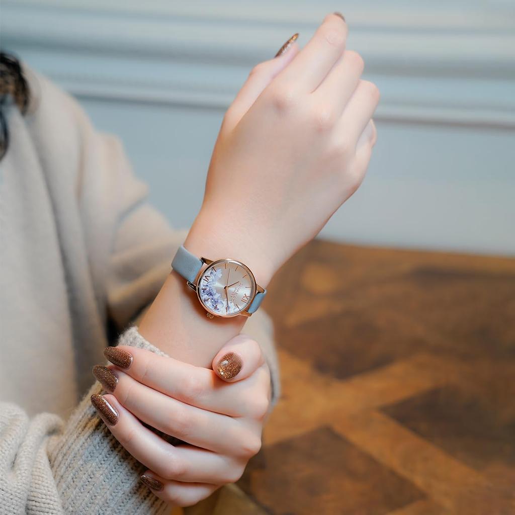 Авторизованный дилер [OLIVIA BURTON] Женские часы Olivia Burton 24000227 Иллюстрированный цветочный Midi Розовое золото Цвет слоновой кости Кожа цвета мелового синего