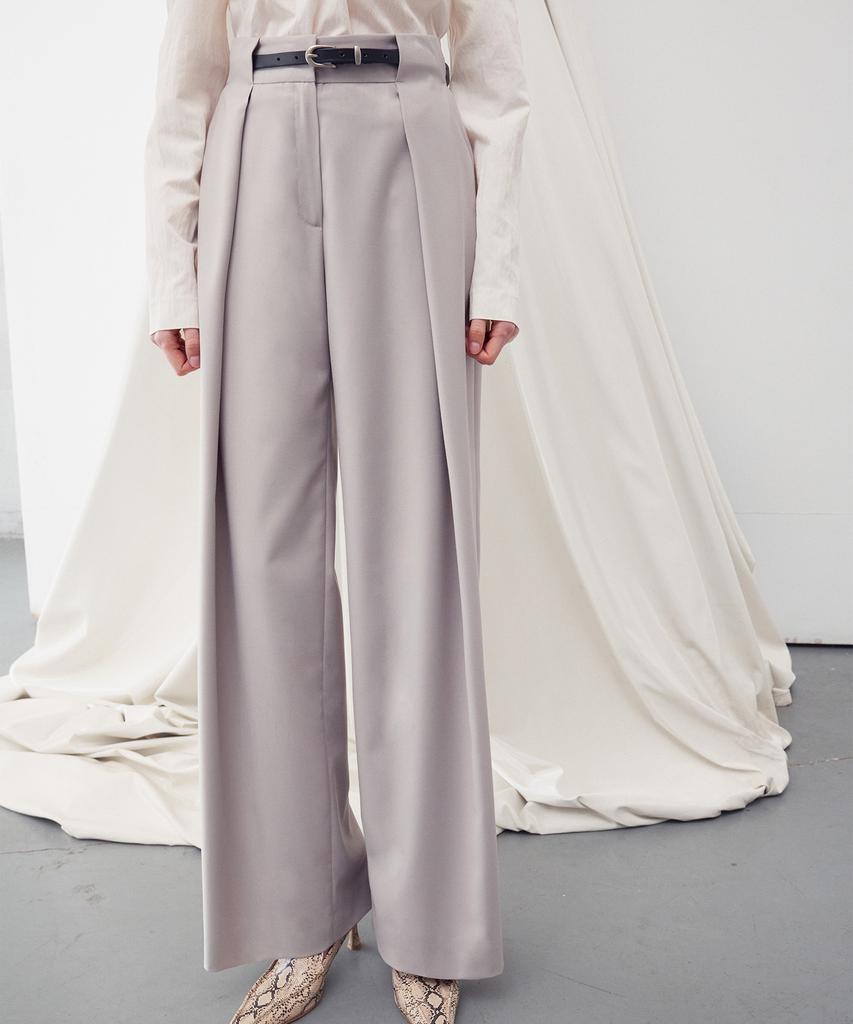RE RHEE Belt Waist Detail Wide Leg Trousers Beige