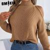 Женская мода, осенне-зимний однотонный свободный повседневный вязаный пуловер с длинным рукавом и высоким воротом, с вырезами на плечах