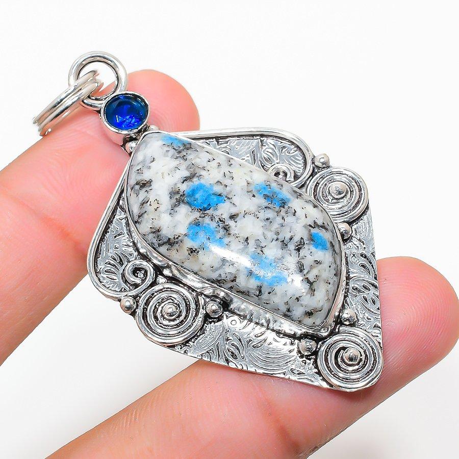 K2 Blue Azurite, Blue Topaz 925 Sterling Silver Jewelry Pendant 2.56" R3O83
