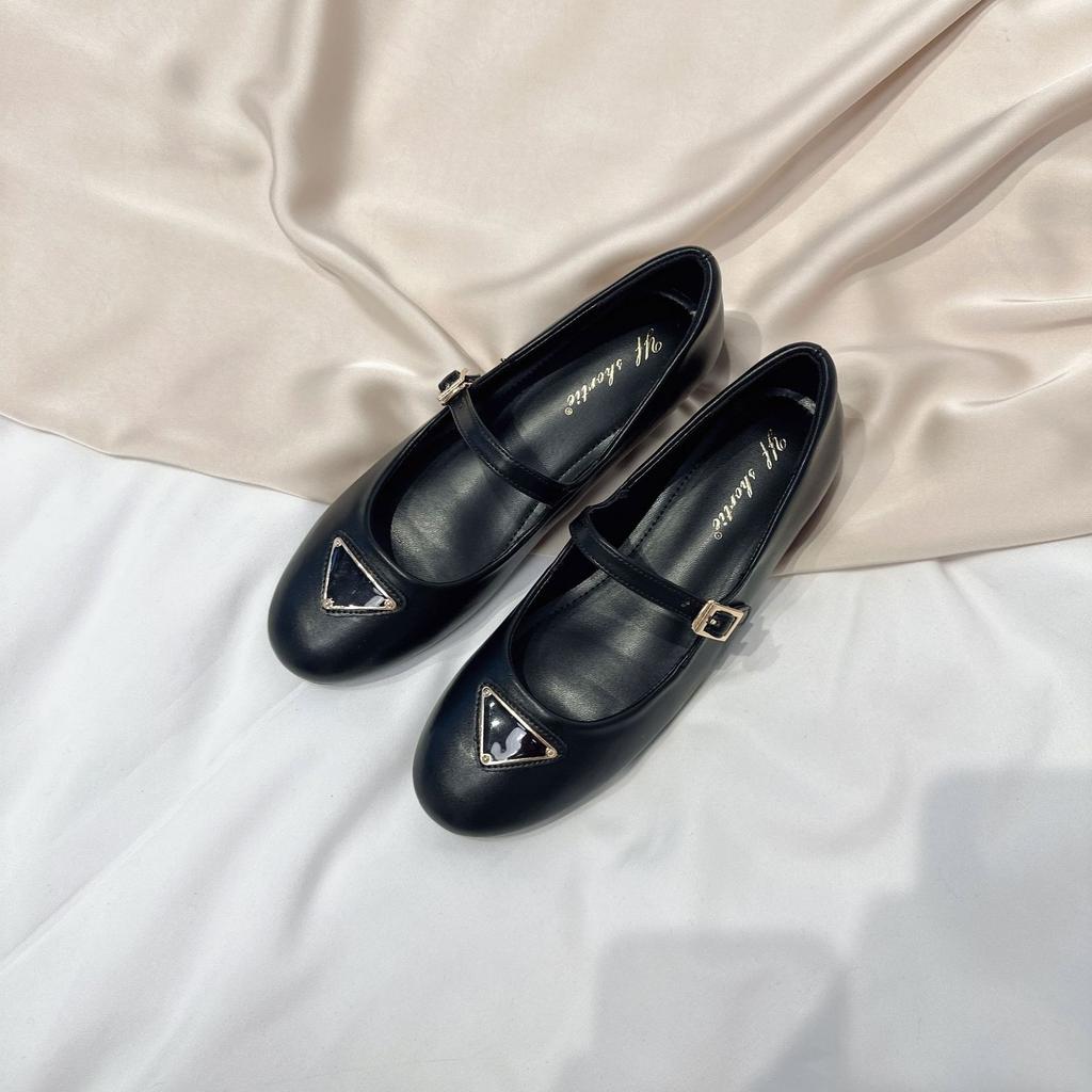 Sheepskin Version~ Height Increase 5cm Metal Triangular Mark Round Head Mary Jane Shoes Women's Small Fragrant Style Word with Shallow Mouth Single 