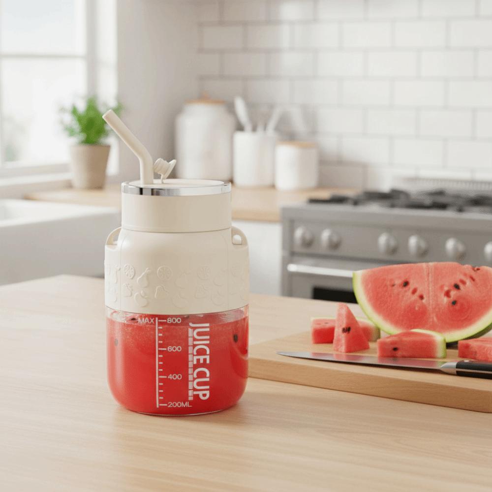 800 ML Portable Juicing Bucket with Straw and Strap Fruit Blender Cup Electric Juice Maker Outdoor