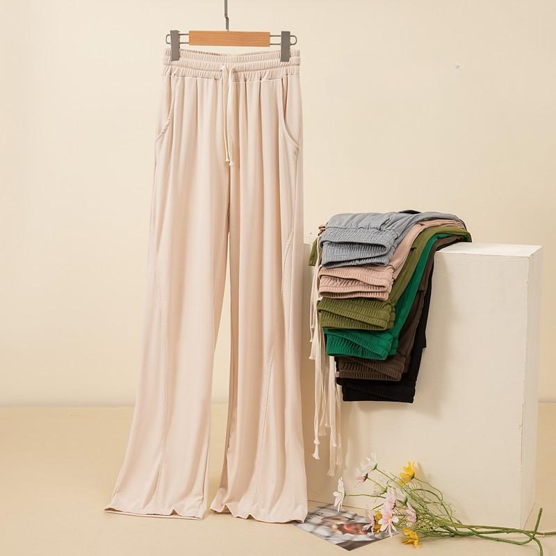 Women's Chic Solid Color Straight Pants With Pockets Elastic Waist Drawstring Wide Leg Trousers Casual Loose Pants Casual Lounge Yoga Pants