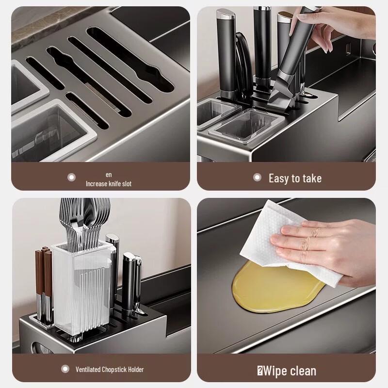 Punch-Free Wall-Mounted Kitchen Storage Rack with Chopstick Holder