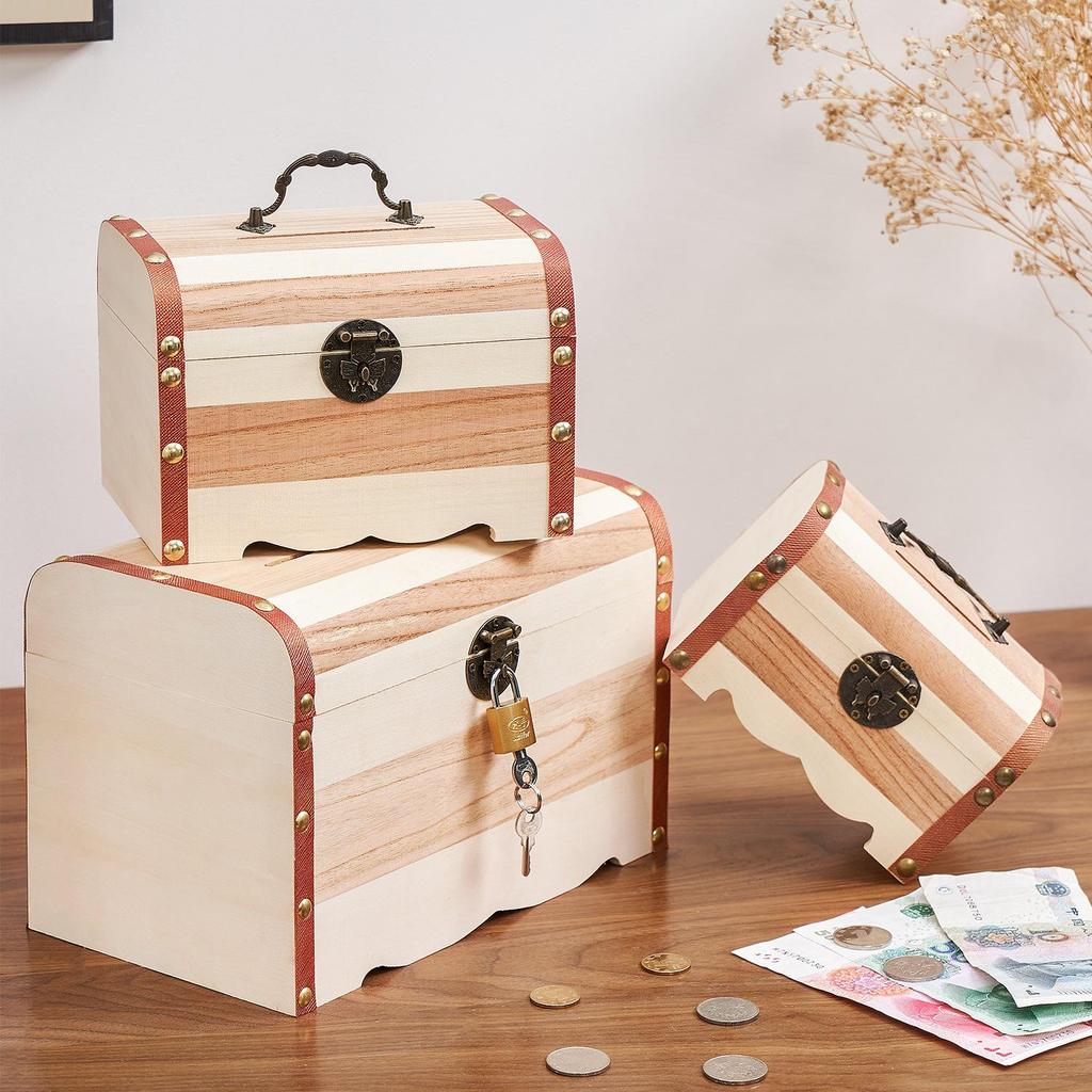 Large Capacity Solid Wood Piggy Bank with Lock for Children
