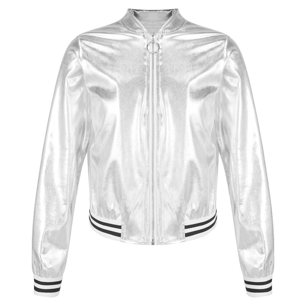 Детская куртка-бомбер металлик для мальчиков и девочек, верхняя одежда, топы для джазовых танцев в стиле хип-хоп, костюм