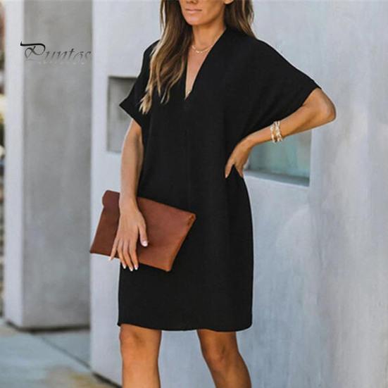 Женщины до колен сплошной цвет свободное платье с коротким рукавом сзади выдалбливают платье бабочки уличная одежда для партии