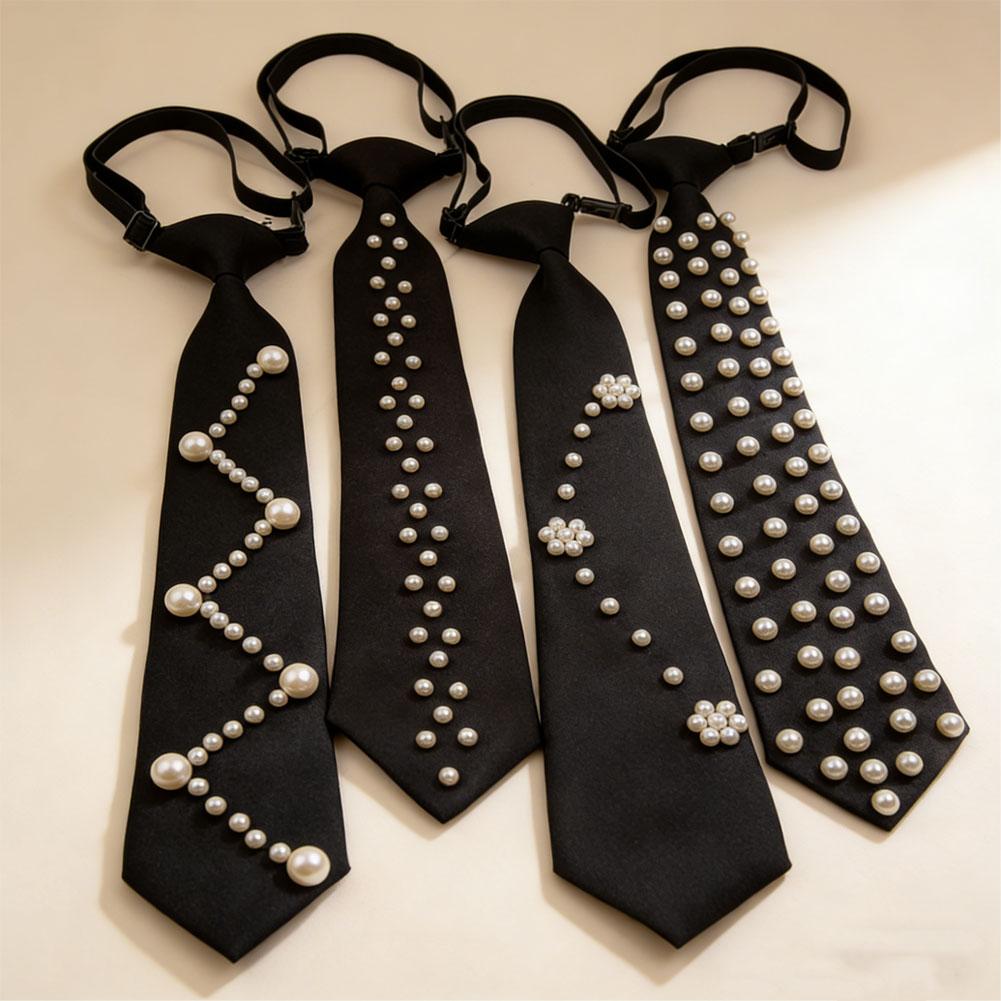 Elegant Preppy Style Women Pearl Tie Bead Long Necktie Versatile Academic College Shirt Necktie Uniform Accessories