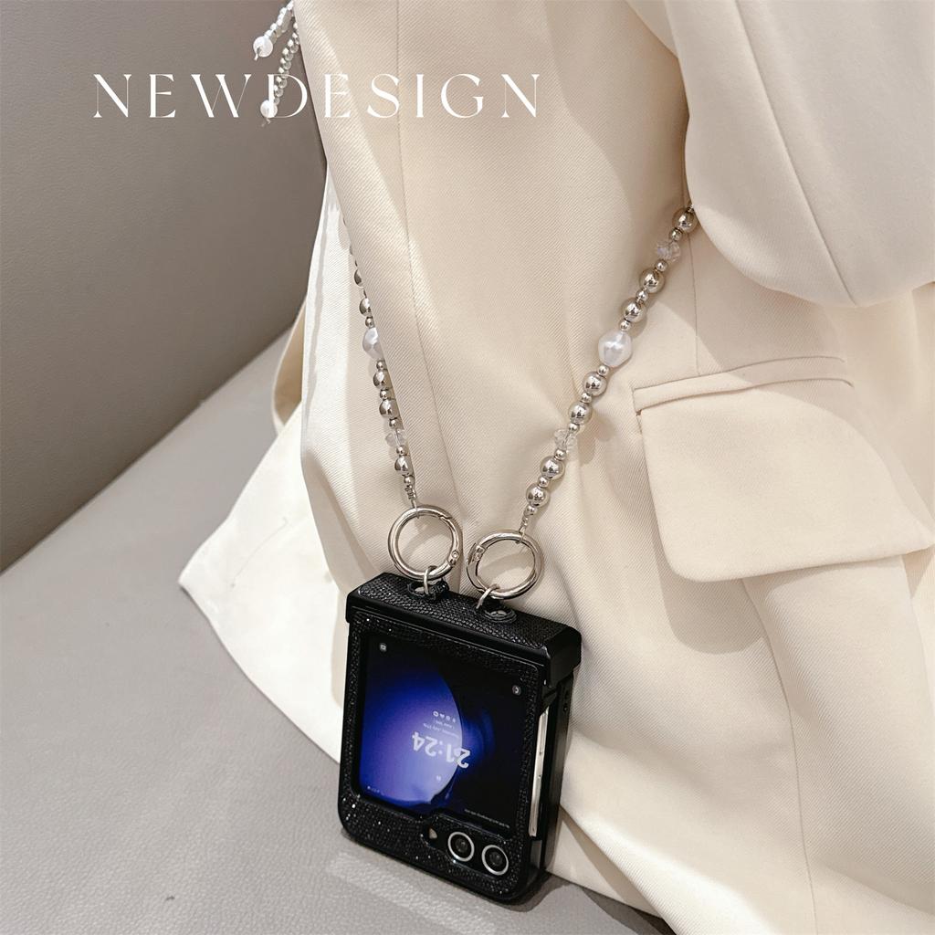 For Samsung Galaxy Z Flip7 FE 5G/Z Flip6 5G Case Hinge Protection Leather+PC Phone Cover with Crossbody Beaded Strap