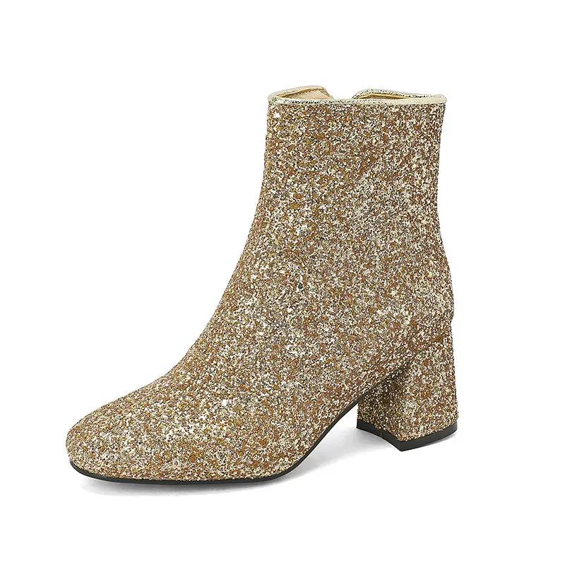 Gold Silver Blue Sequined Cloth Glitter Shoes Women High Heels Ankle Boots