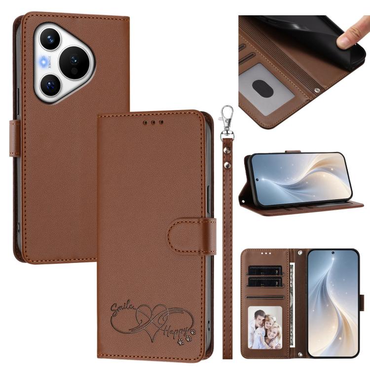Happy Heart Pattern Magnetic Closure Vegan Leather Phone Case with Wrist Strap For Huawei Mate 60
