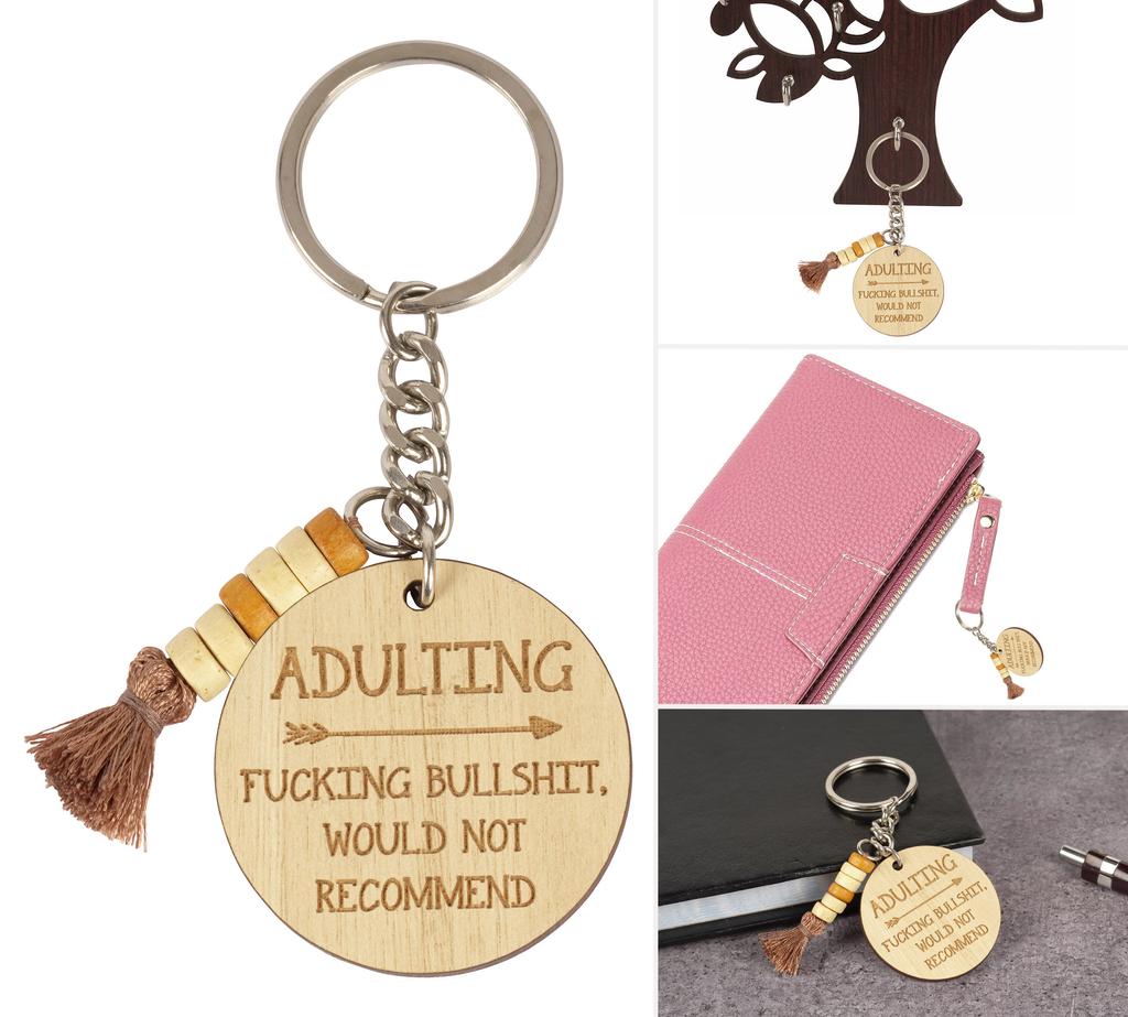 Inkdotpot Funny Keychain Adulting Not Recommend Wood Engraved Keychain Funny Adult Sarcastic Novelty