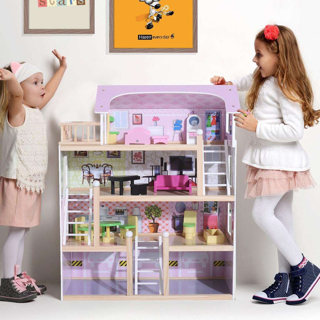 Deluxe Wooden Kids Doll House with 13 Piece Furnitures Cottage Children Girls Dollhouse Entertainment Imagination Toy Game