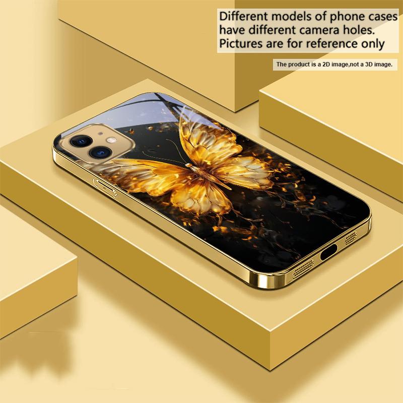 Теплый пламенный бабочка для iPhone 17Pro Max 16 17 Pro 15 Pro 14 13 Plus 12 Mini 11Pro Max XR 16E 17Air Золотой стеклянный чехол для телефона