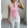 Women European Style Striped Sleeveless V Neck Lace Up Waist Slimming Shirt