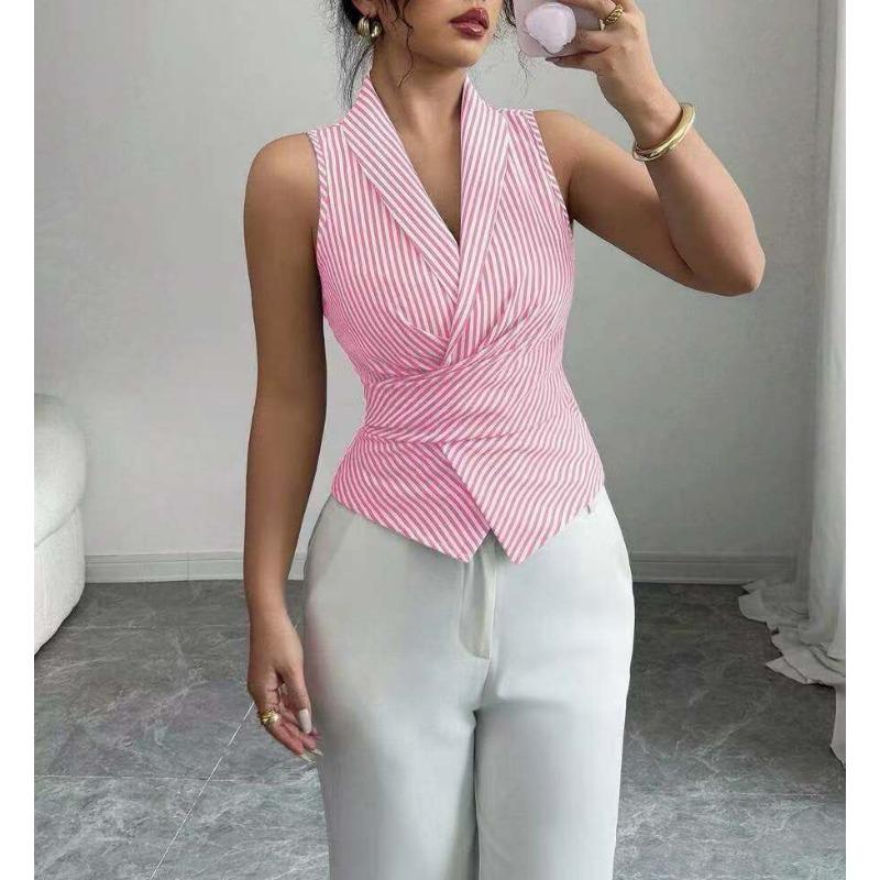 Women European Style Striped Sleeveless V Neck Lace Up Waist Slimming Shirt