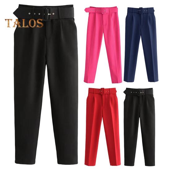 Женские брюки прямого кроя с высокой талией, длинные брюки с карманами, однотонные повседневные рабочие брюки