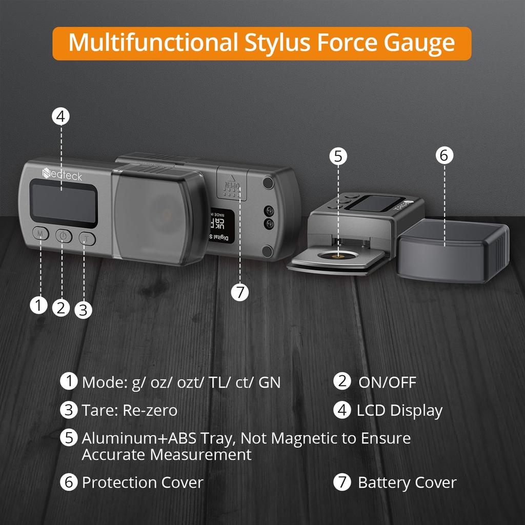 Neoteck Модернизированный цифровой проигрыватель с шкалой силы иглы с оранжевым ЖК-дисплеем 0,01 г/5,00 г с подсветкой(Серебряный)
