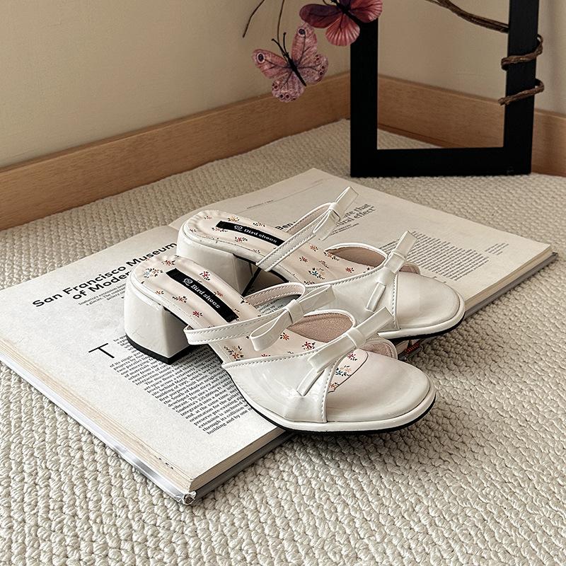 French Elegant Wedge Slippers Women's Head Temperament Open-toe Word with Bow High-heeled Sandals 2025 Summer New