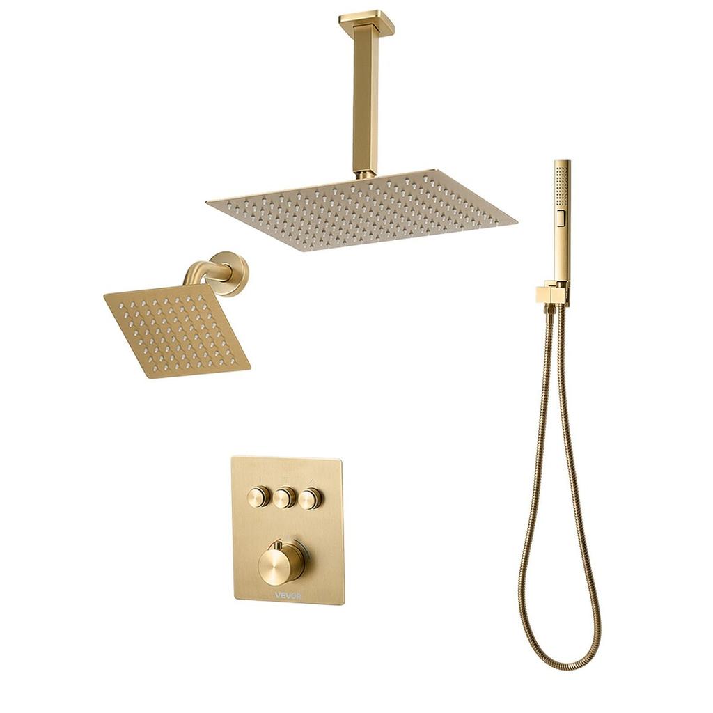 Shower Faucet Set, 305 mm Thermostatic Ceiling Mount Rainfall Shower System with 152 mm Wall Mount Head and 2 in 1 Handheld Spray, 3-Function Dual
