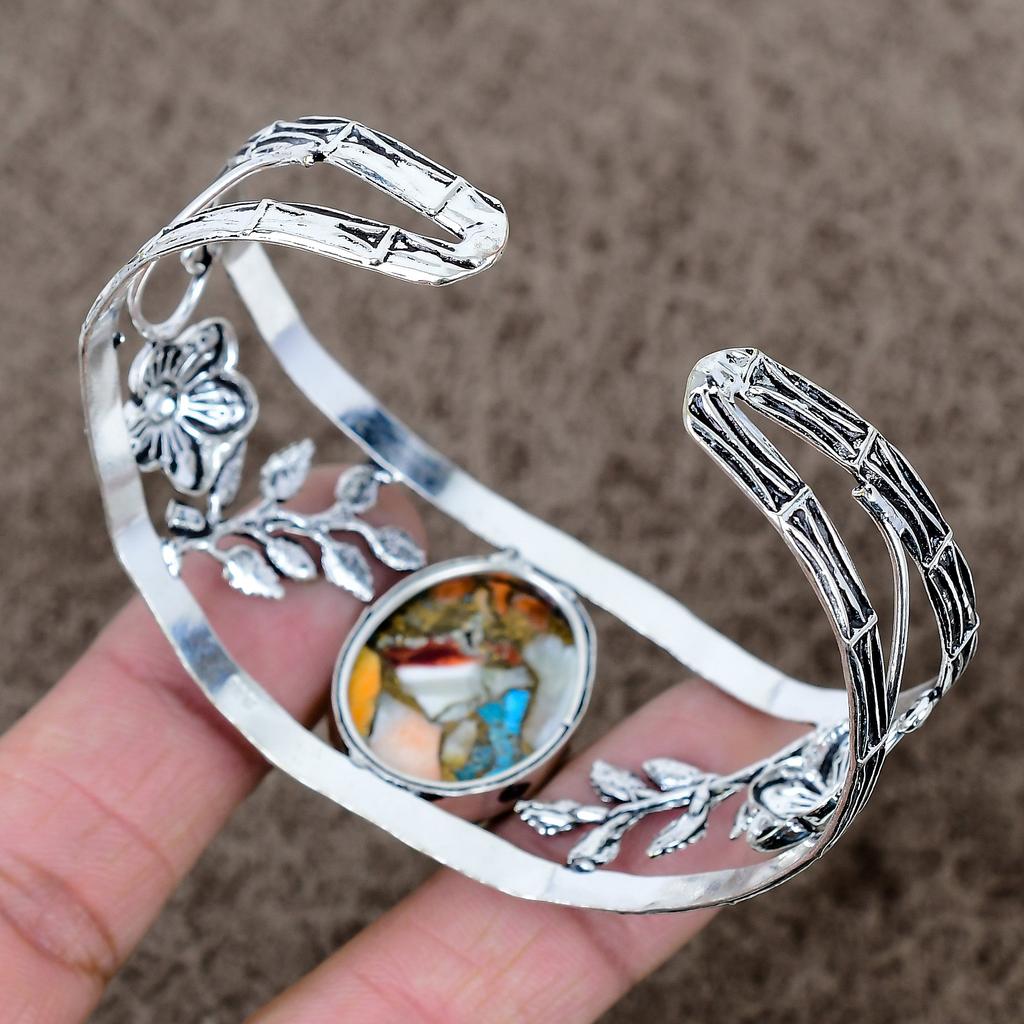 Spiny Oyster Gemstone Handmade 925 Sterling Silver Cuff Bangle Adjustable KKG-1068