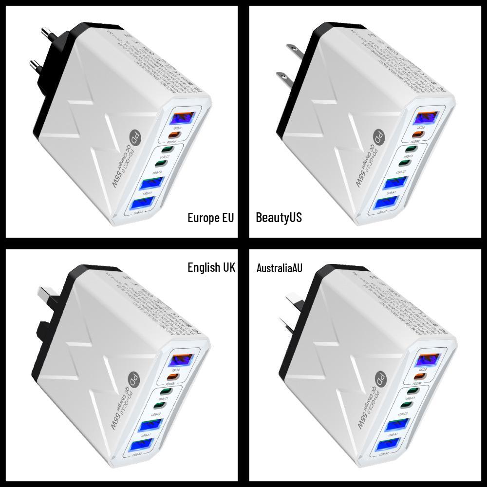 PD25W Fast Charger, 6-Port, 3 USB, 3 PD55W, QC3.0, Compatible with EU/US/UK/AU Standards