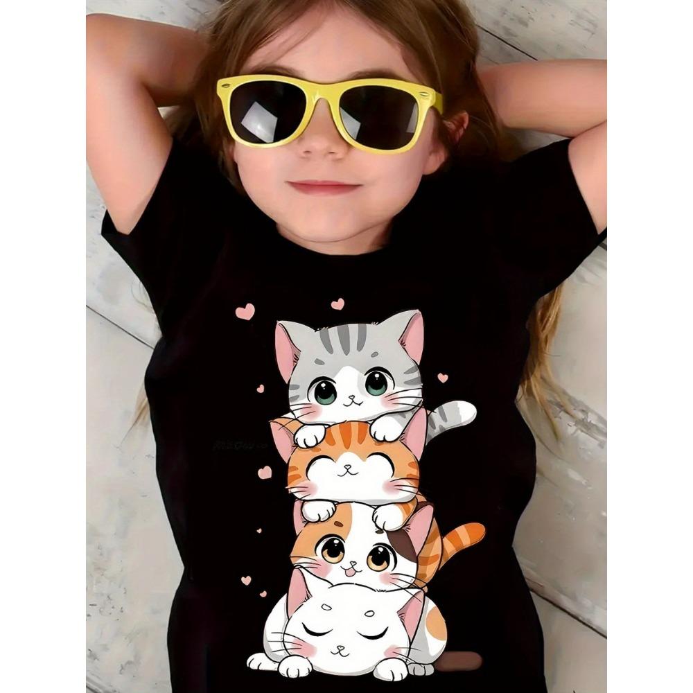 Girls' clothing 3D printed children's T-shirt round neck pullover, girls' short sleeved T-shirt, comfortable children's clothing