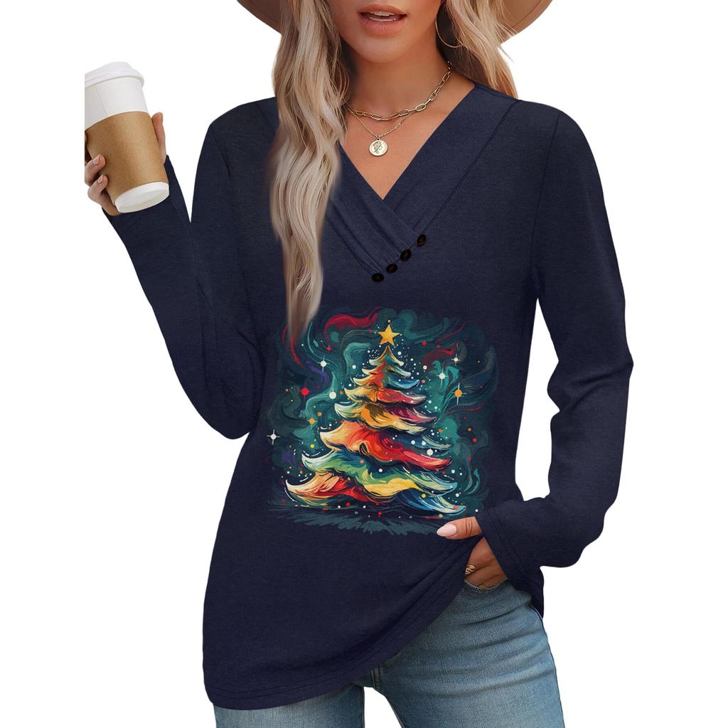 Women's Fashion Casual V-neck Pleated Christmas Long Sleeve Top
