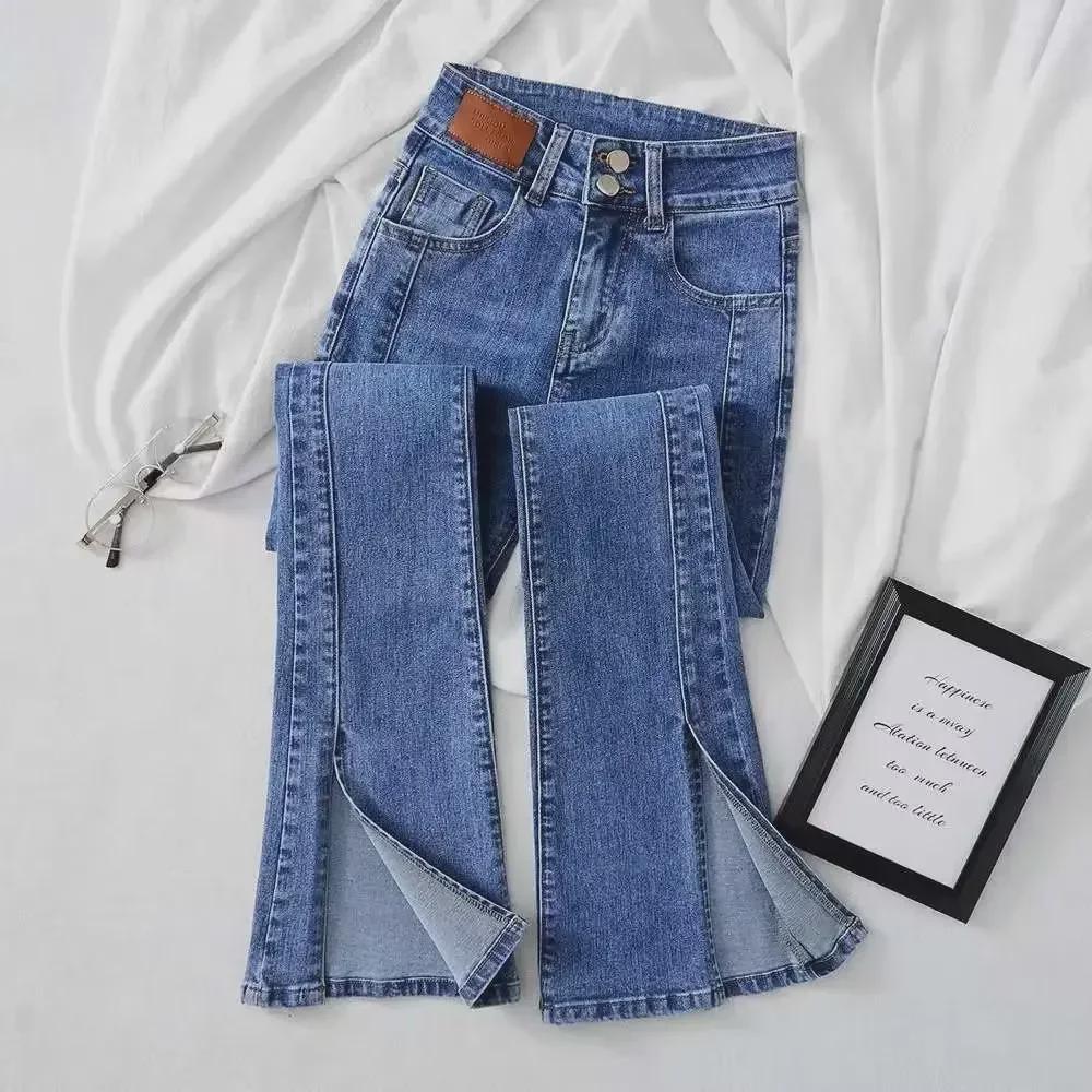 Женские расклешенные джинсы в корейском стиле с высокой талией - облегающие, повседневные летние брюки
