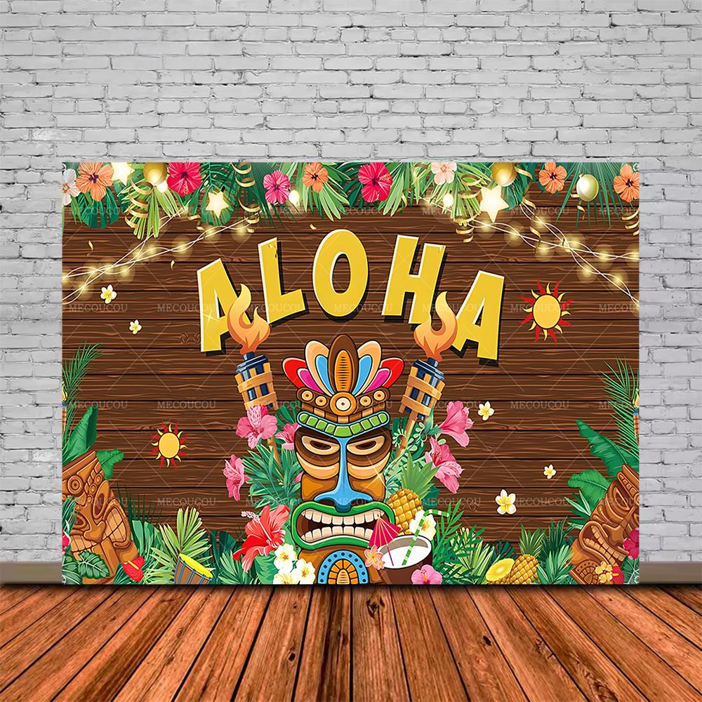 Tropical Tiki Bar Photography Backdrop Flower Totem Banner Hawaii Seaside View Background Baby Shower Kids Birthday Party Decor
