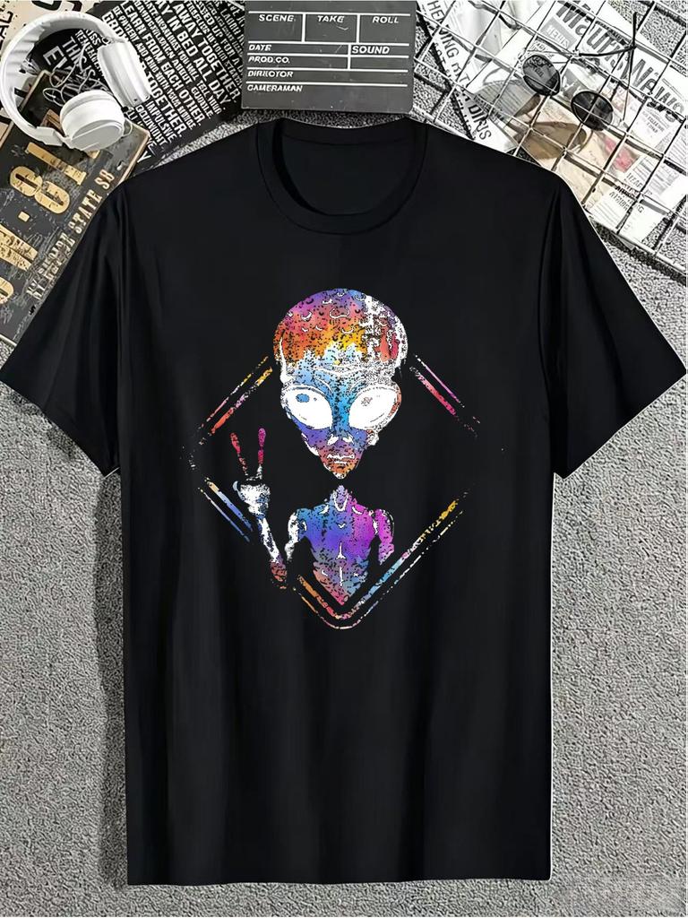 Men's Retro Alien Peace Sign TShirt Vintage SpaceThemed Round Neck Tee with Colorful Alien Graphics