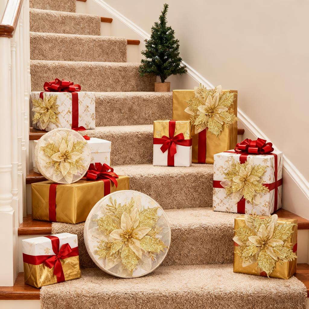 40Pcs (20 Flowers + 20 Clips) Golden Artificial Christmas Flowers With Clips - Realistic Layered Decorations Suitable For Christmas Trees, Weddings