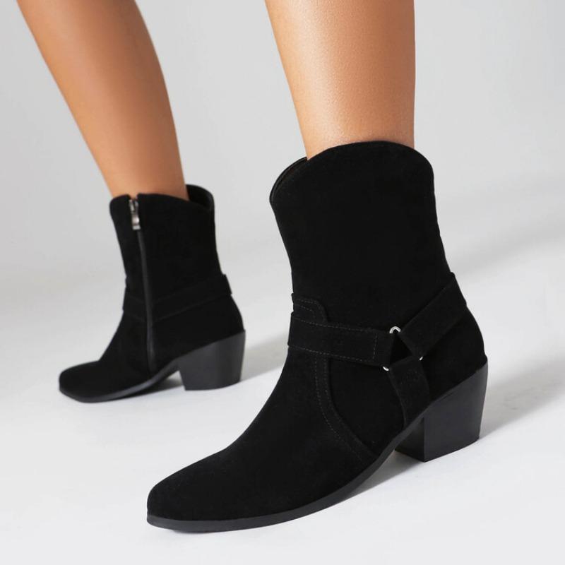 2024 Womens Faux Suede Buckle Designer Ankle Boots Winter Block Heel Zipper Ankle Boots Western Chelsea Cowboy Boots Botas Mujer