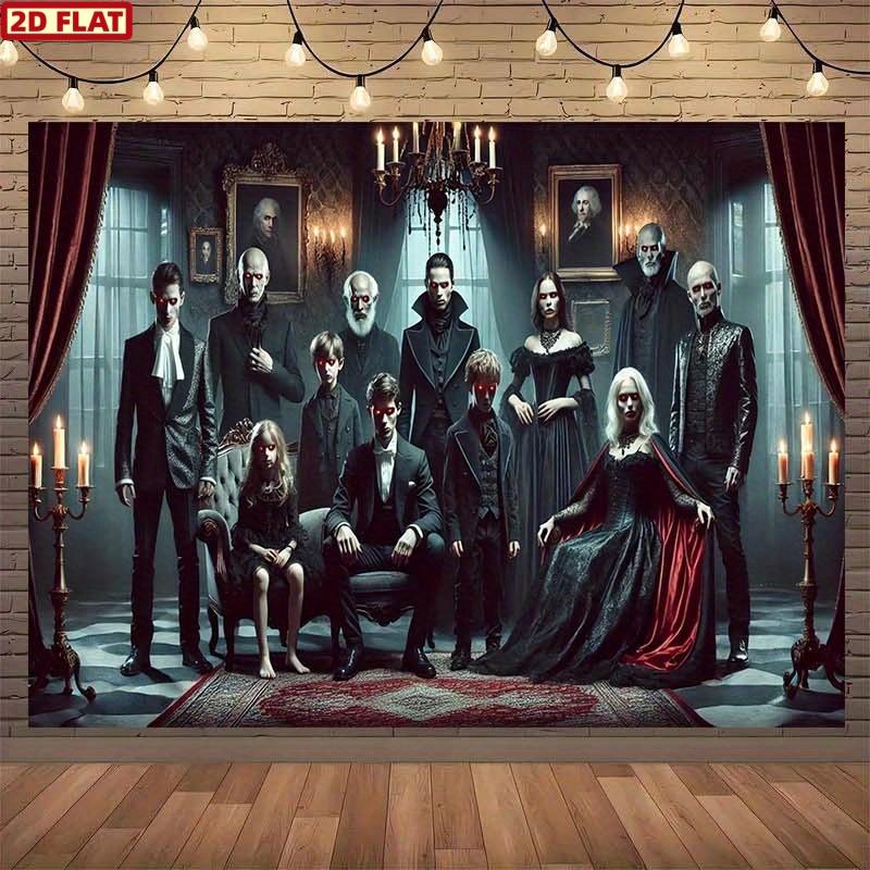 2D flat banner, 1 Gothic vampire family background banner - Spooky Halloween decoration, with red curtains