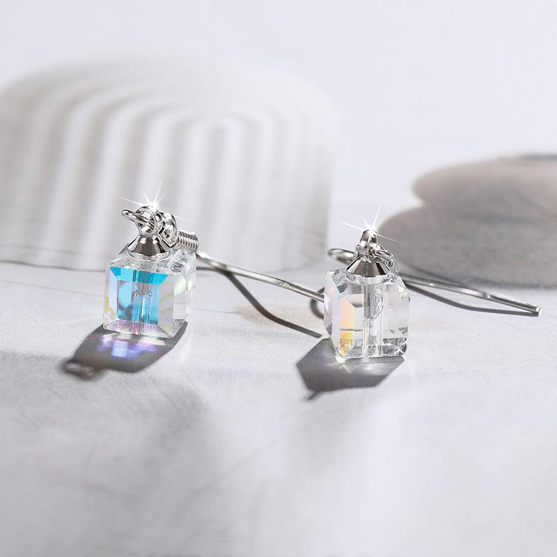 Iridescent AB Aurora Borealis Square Faceted Crystal Charm Drop Earrings Silver Wire Hook Dainty Casual Ladies Accessories