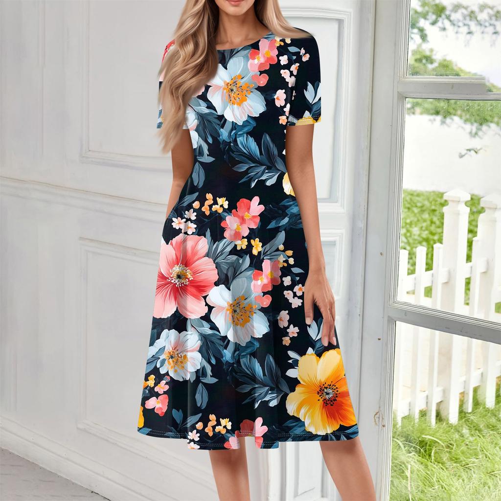 Женское свободное повседневное и модное платье с круглым вырезом и короткими рукавами, средней длины с принтом