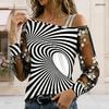 Women Plus Size Asymmetric Off Shoulder Long Sleeve Black White Printed Floral Mesh T Shirt