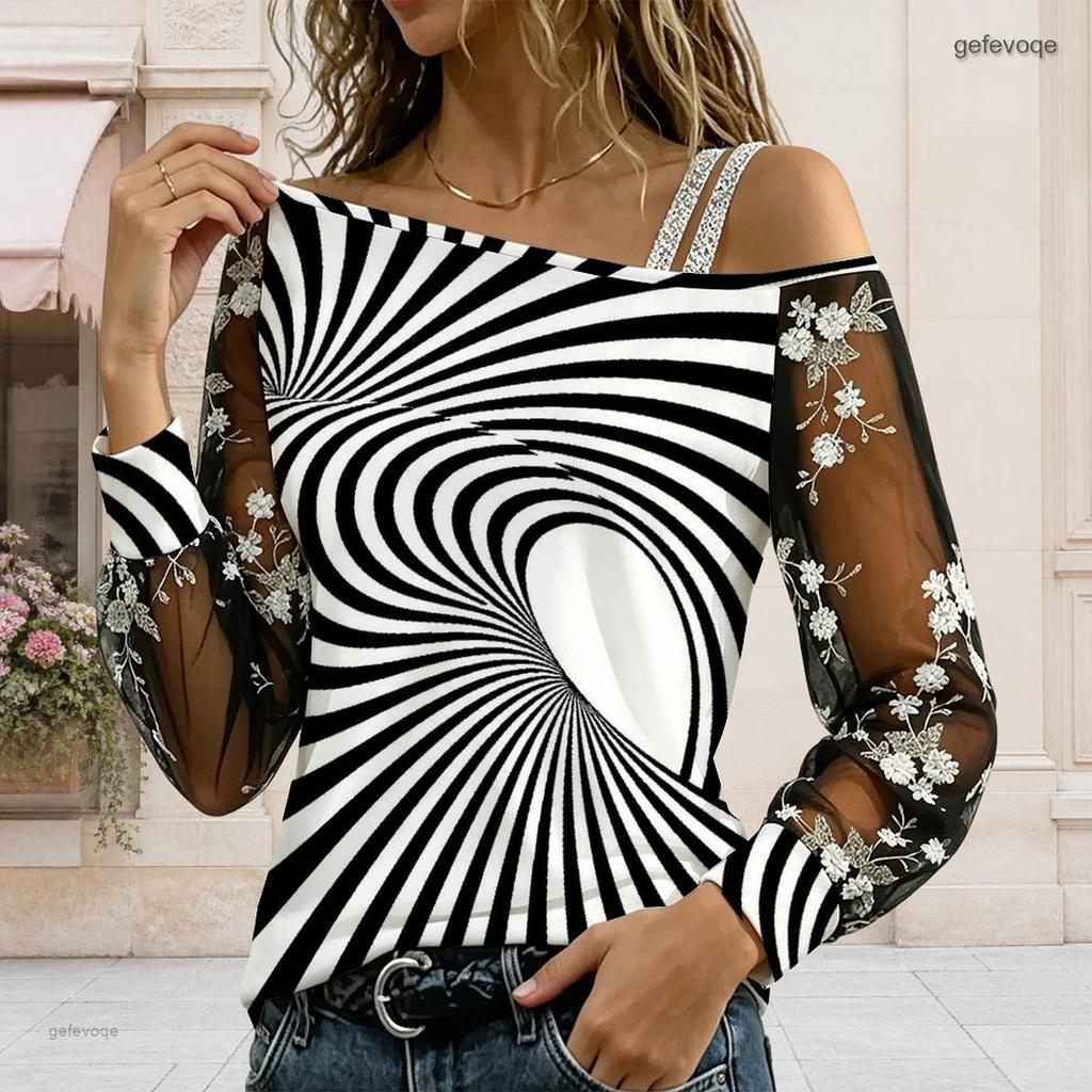 Women Plus Size Asymmetric Off Shoulder Long Sleeve Black White Printed Floral Mesh T Shirt