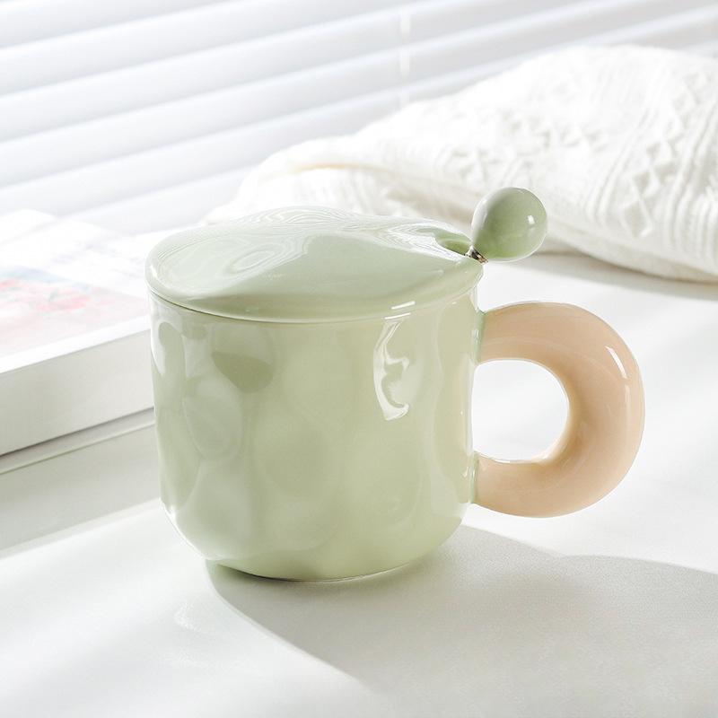 High Value Couple Cup with Lid Spoon Contrasting Color Hand Pinch Pattern Big Ear Ceramic Cup Office Home Coffee
