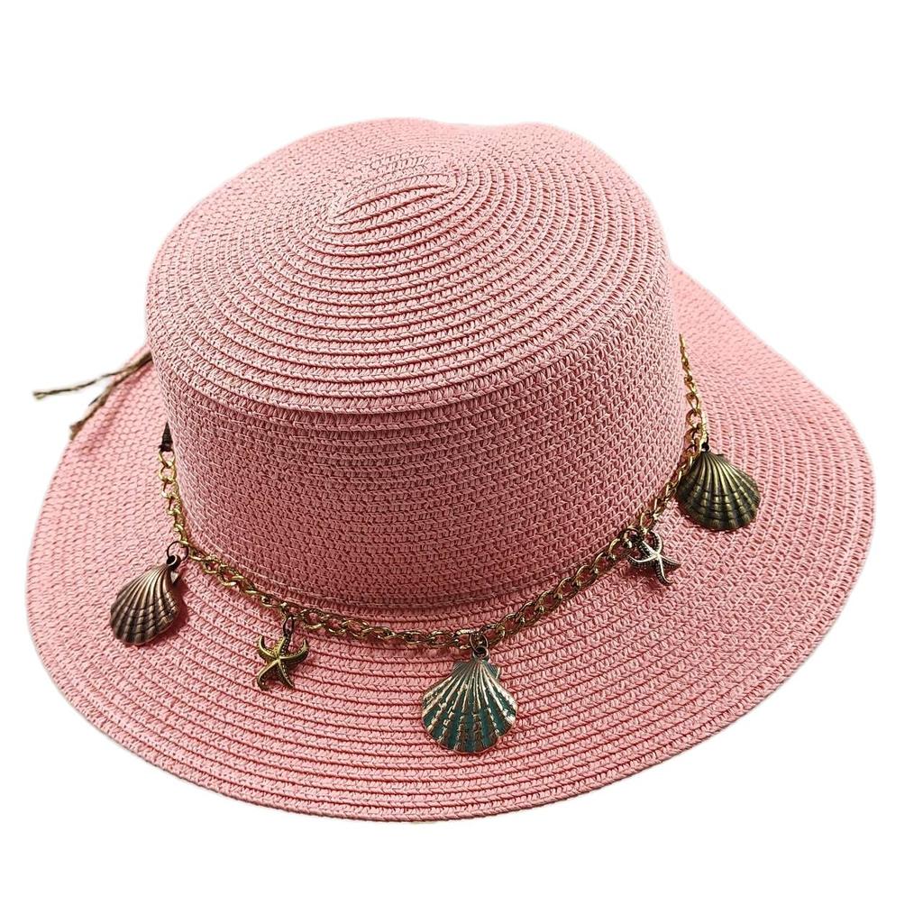 Flat Top Straw Hat Belt Accessories Leisure Summer Sunscreen Hat Women's Fashionable Beach Boater Hat Gifts 2023