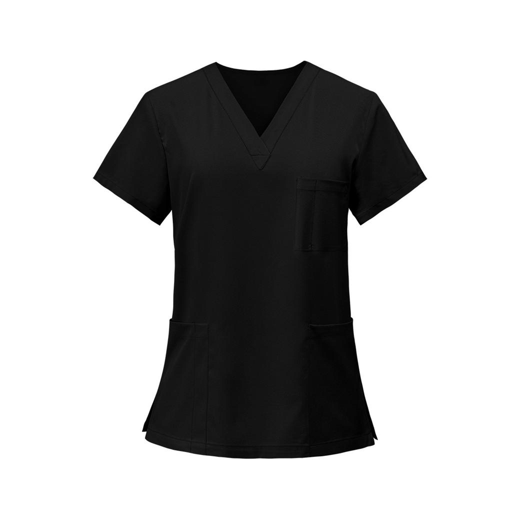 Ladies' Lightweight Solid Color V-neck Multi Pocket Side Slit Short Sleeved Shirt