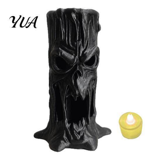 LED Lighted Horror Ornaments Halloween Tree Stump Skull Candle Holder, Spooky Face Tabletop Decor, Hollow Atmosphere Props for Haunted Houses Tealight