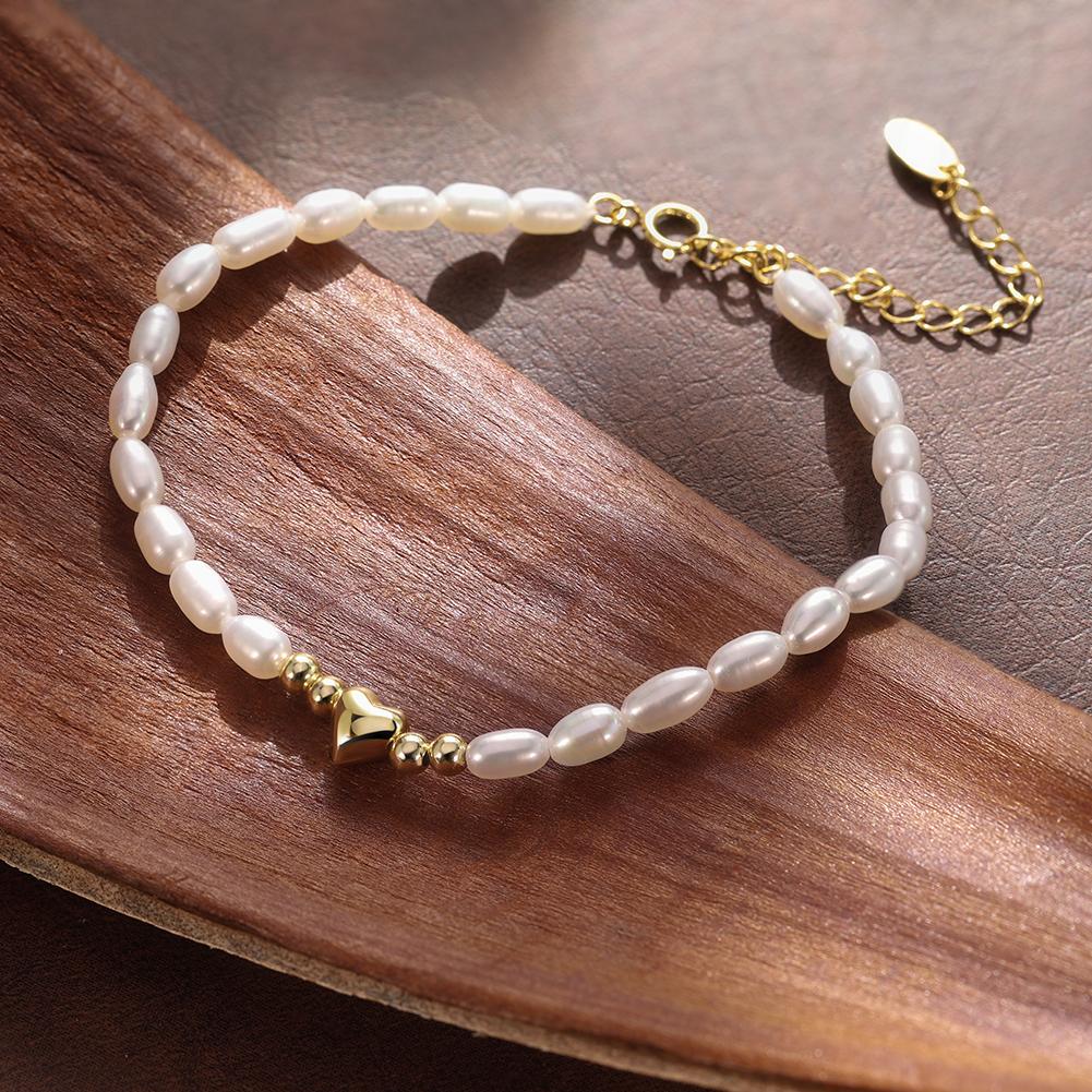 Sweet Pearl Beaded Bracelet Minimal Freshwater Pearl Heart 925 Sterling Silver Adjustable Chic Jewelry for Women
