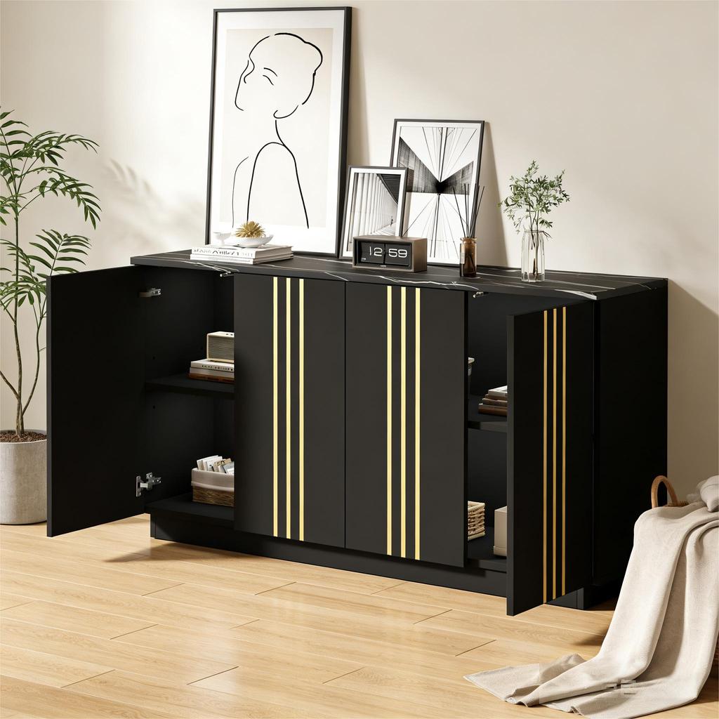 Sideboard, Cabinet with 4 Doors, 35 x 140 x 70 cm, Gilded Lines, Locker with Adjustable Partitions, Suitable for Living Room and Bedroom, Black+Gold