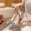 Летние хрустальные босоножки на высоком каблуке с открытым носком, женские летние новые туфли-лодочки с острым носком и мелким вырезом на шпильке, свадебные туфли с бабочкой