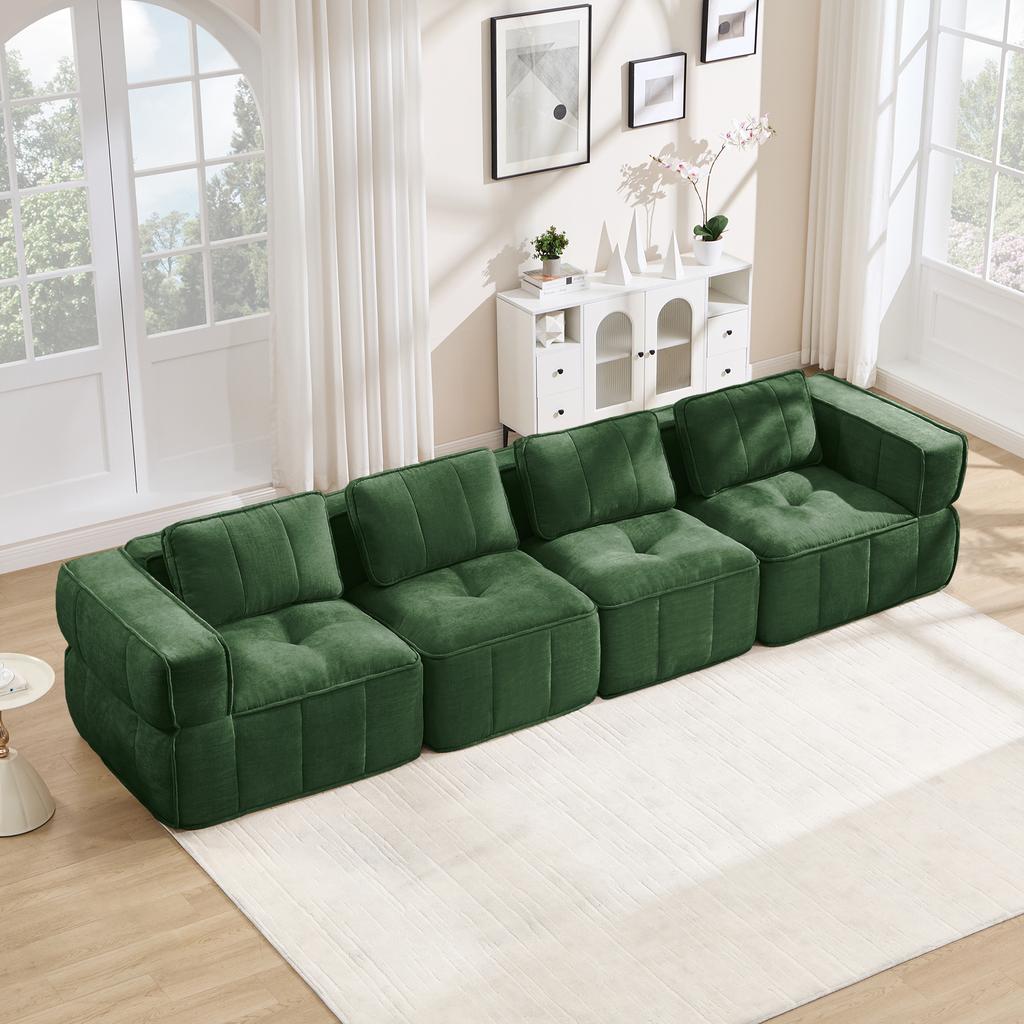 Extra Large 4-Seater Cloud Sofa without Frame, Modular, 32D High-Density Foam, Skin-Friendly, Soft Fabric, Non-Slip, No Assembly Required, Green.