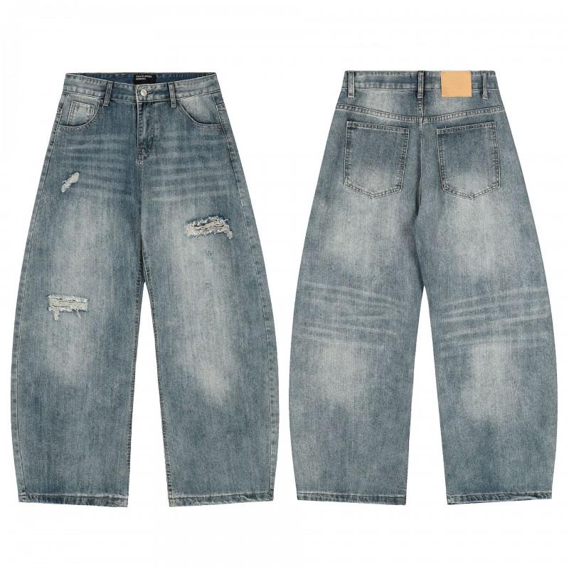 Mens Distressed Straight Fit Denim Jeans With Embroidery Mid-Rise Water Washed Cotton Blend Streetwear Casual Pants