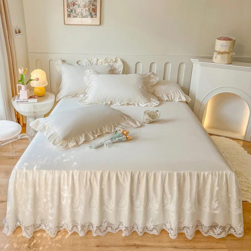 Сплошное цветное стираное хлопковое покрывало с кружевной вышивкой по краю, противоскользящее покрывало, мягкое удобное домашнее постельное белье и простыни