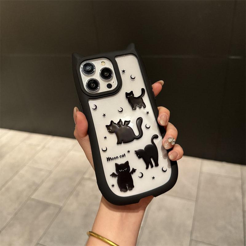 Cartoon Cat Ears Bezel Cute Little Black Cat Acrylic Phone Case for iPhone 15 Pro Max 14 Plus 13 12 Pro 11 All-inclusive Fall Protection Cover