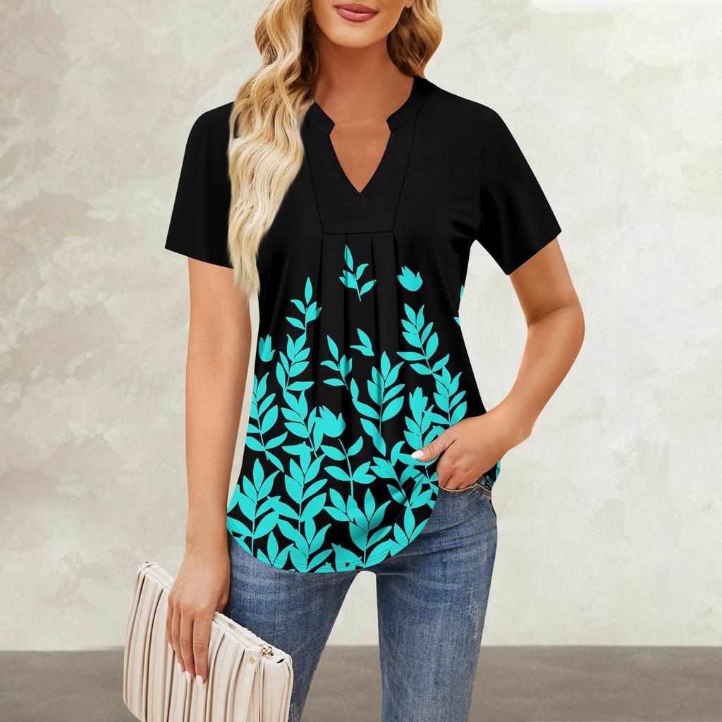 Женская повседневная свободная футболка с коротким рукавом и v-образным вырезом на груди, плиссированная свободная футболка с принтом, топ